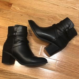 Black Block Heel Bootie with Buckle Detail
